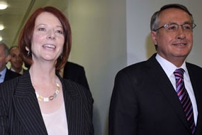 Julia Gillard arrives with Wayne Swan for the ALP leadership meeting  (AAP)