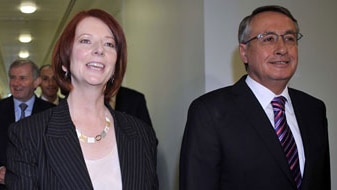 Julia Gillard arrives with Wayne Swan for the ALP leadership meeting  (AAP)