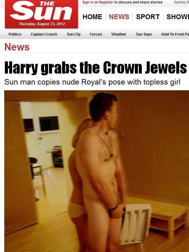 Sun journalist Harry Miller copies Prince Harry's pose.