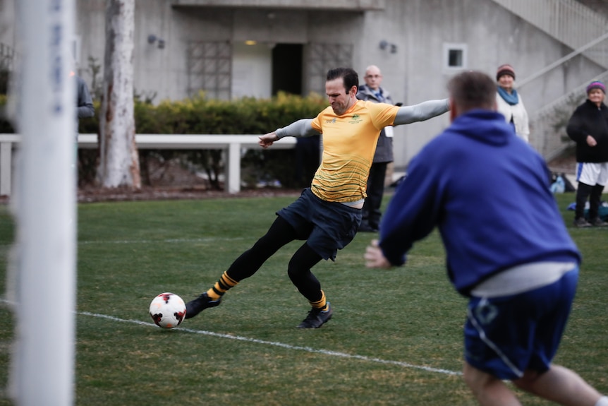 MP Matt Canavan, Deputy Leader of the Nationals in the Senate, playing soccer. 