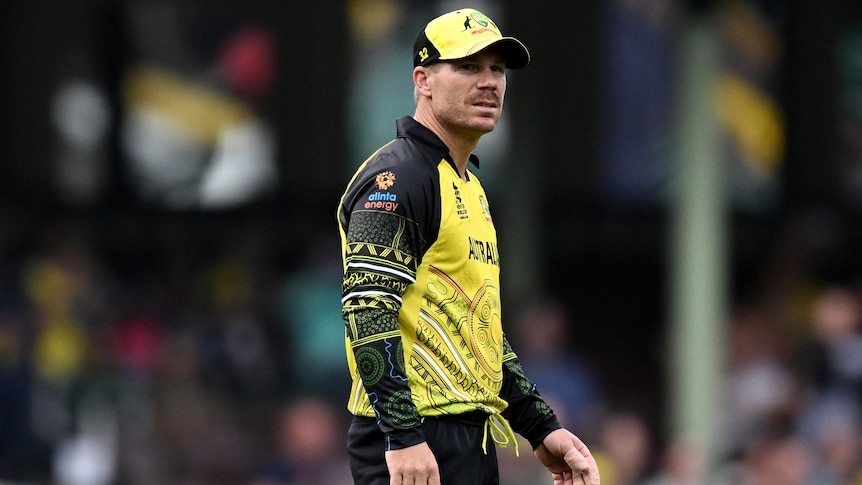 An Australian male cricketer looks to his right as he fields during the T20 World Cup.