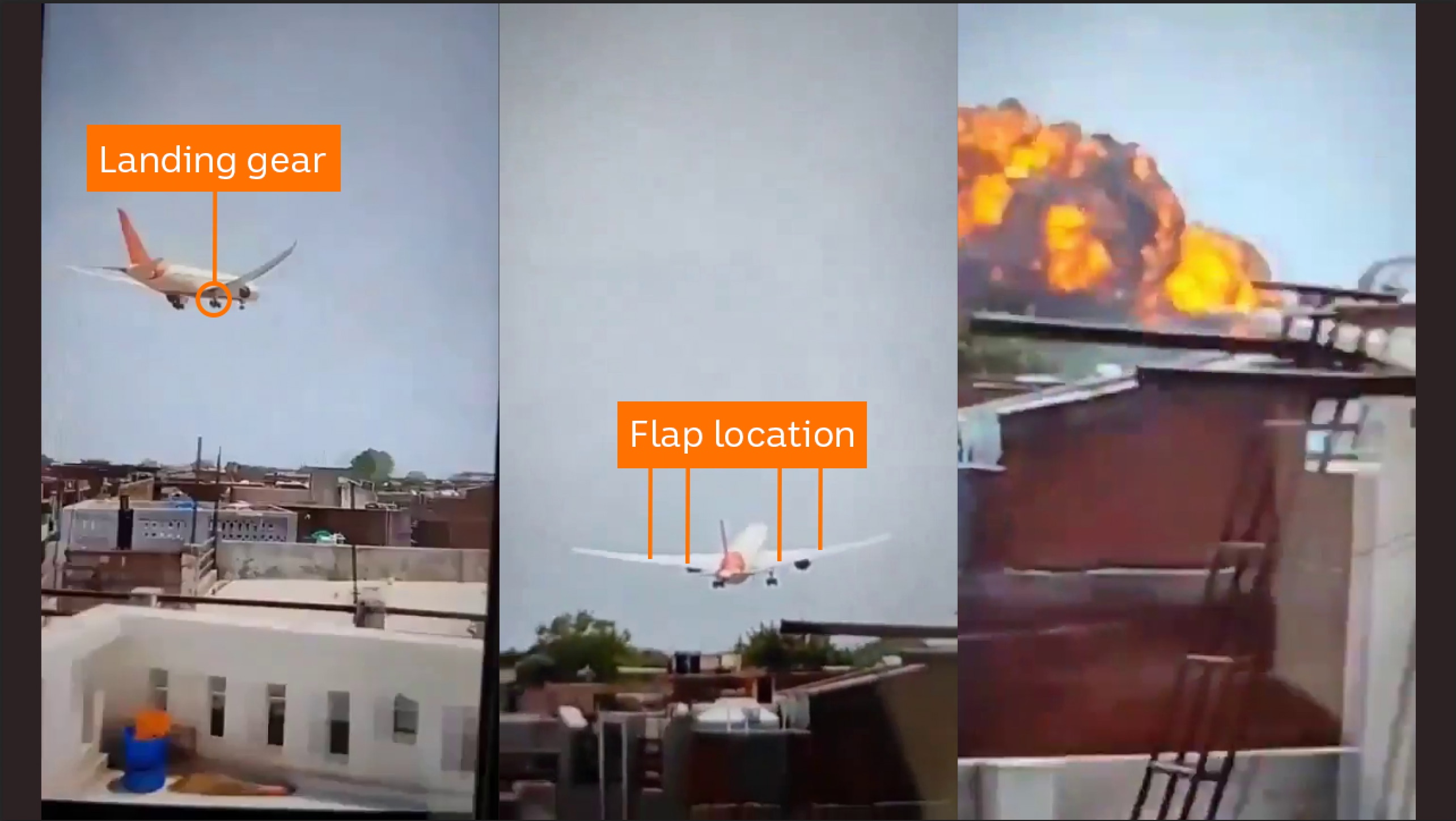 Three different shots in the first two a plane is flying, the third an explosion