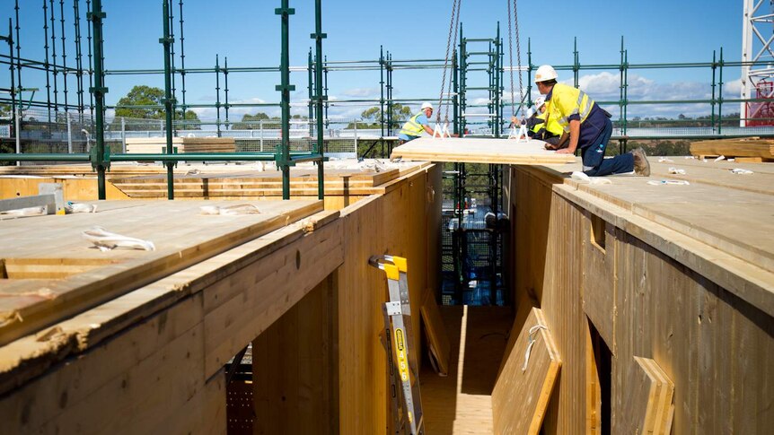Builders install a timber panel at a construction site.