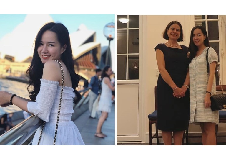 On the left, a photo of a young woman in a white dress.  On the right, two women stand together in an office