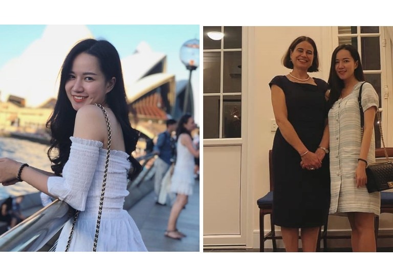 On the left, a photo of a young woman in a white dress. On the right, two women stand together in an office