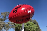 A massive Sherrin football on a large white post with blue sky in background