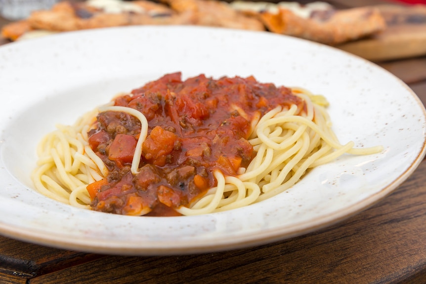 A plate of spaghetti bolognese.
