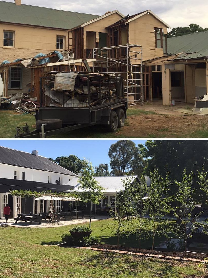 a before an after of the pub with the top image under construction and the bottom image complete