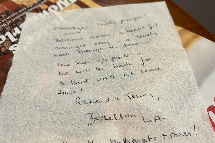 A thank you note written on a serviette.