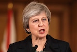 Theresa May speaks during a press conference inside 10 Downing Street in London.