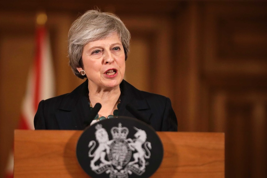 Theresa May speaks during a press conference inside 10 Downing Street in London.