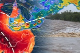 A multicoloured weather map next to an image of a swollen river.