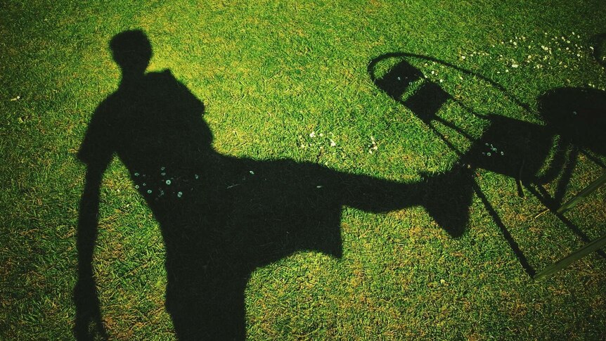 Shadow of a figure with short hair on grass, kicking a chair with arm outstretched.