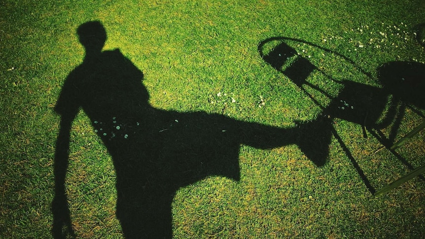 Shadow of a figure with short hair on grass, kicking a chair with arm outstretched.