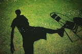 Shadow of a figure with short hair on grass, kicking a chair with arm outstretched.