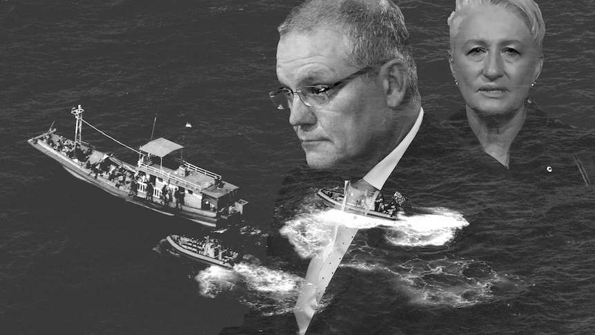 Monochrome styled portraits of Scott Morrison and Kerryn Phelps overlaid with an asylum boat out at sea.