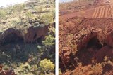 A composite image showing Juukan Gorge in 2013 on the left, and then in 2020 on the right after land was cleared of vegetation.