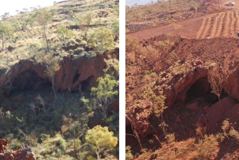 A composite image showing Juukan Gorge in 2013 on the left, and then in 2020 on the right after land was cleared of vegetation.
