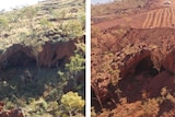 Jukkan Gorge in 2013, left, and 2020 after the blast.