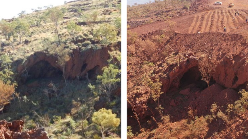 A composite image showing Juukan Gorge in 2013 on the left, and then in 2020 on the right after land was cleared of vegetation.