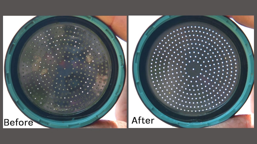 A hose spray nozzle before and after photo showing holes clear after cleaning.