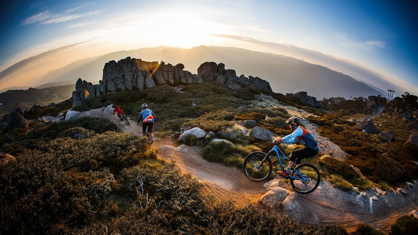 Mountain bikers take on an intense trail.