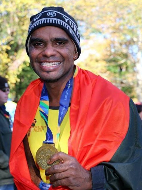 Aboriginal Broome man Adrian Dodson-Shaw with his New York marathon medal 16 November 2014