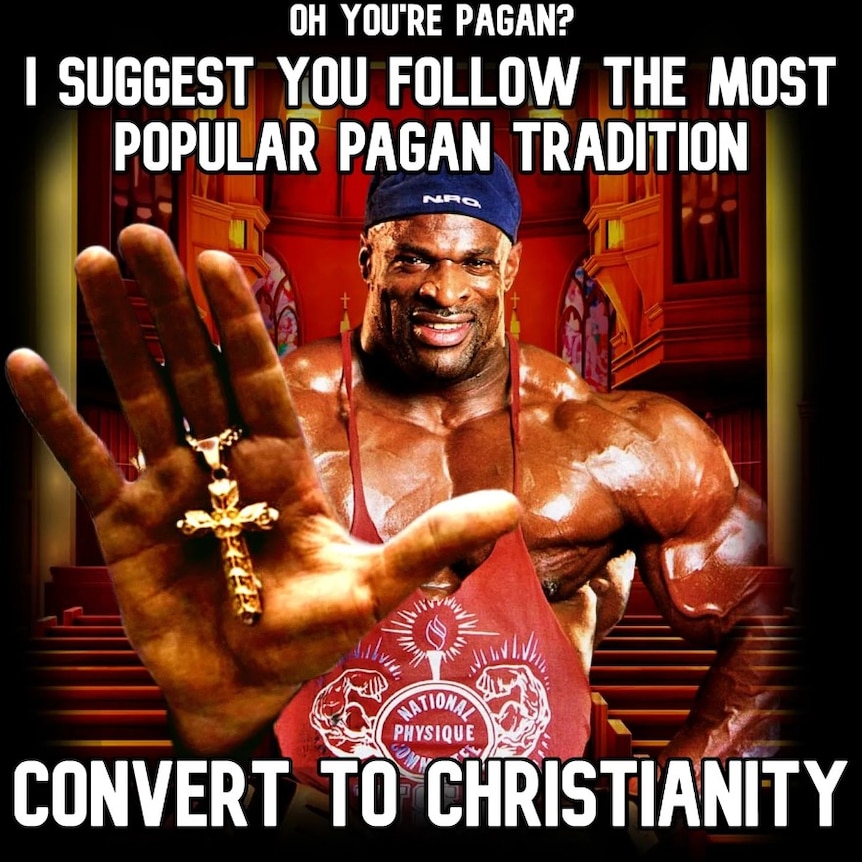 A muscular black man with a cross and the words: You're pagan? Follow the most popular pagan tradition. Convert to Christianity.