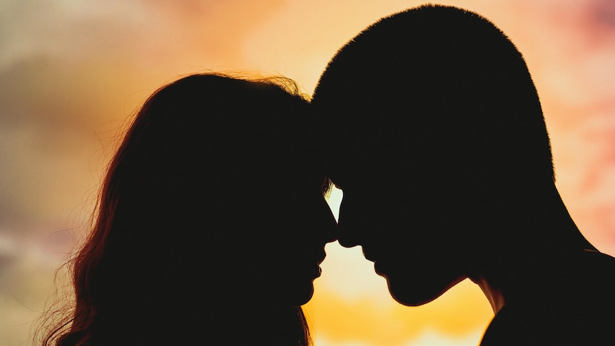 A couple face-to-face in silhouette at golden hour.