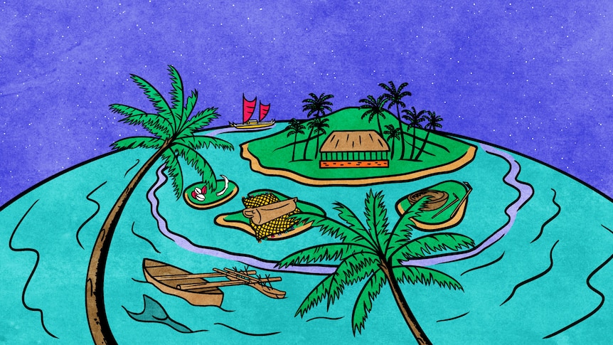 An illustration of an island in the sea, with palm trees, a hut and a variety of other objects.