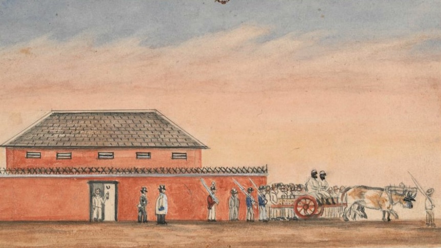 A basic watercolour image of soldiers outside a jail with a horse-drawn cart.