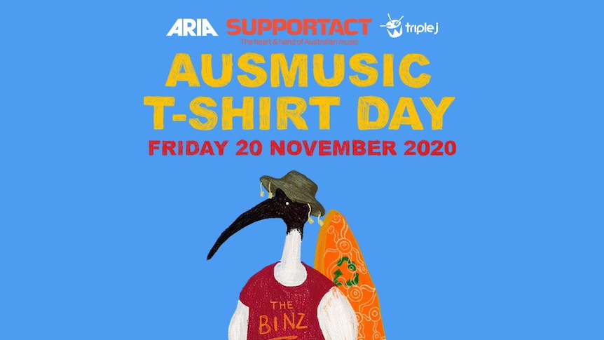 Artwork for Ausmusic T-Shirt Day; illustration of an ibis (bin chicken) wearing a hat, with surfboard