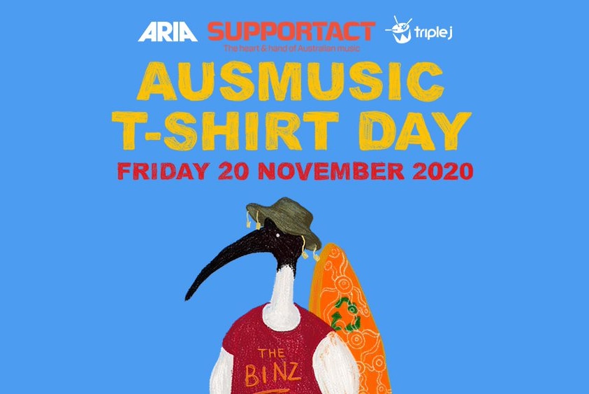 Artwork for Ausmusic T-Shirt Day; illustration of an ibis wearing a hat, with surfboard.