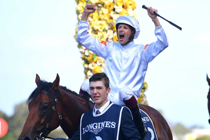 A jockey pumps both his fists as sits on top of a horse after riding it to victory in the Golden Slipper.