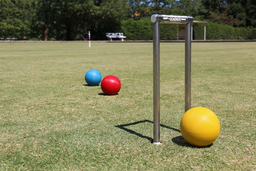 A croquet hoop and three balls on a green.