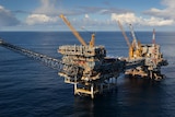 Aerial shot of massive oil and gas rig in Bass Strait off Victoria