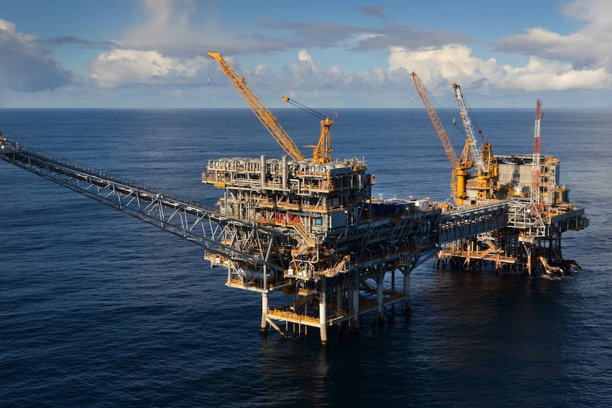 Aerial shot of massive oil and gas rig in Bass Strait off Victoria