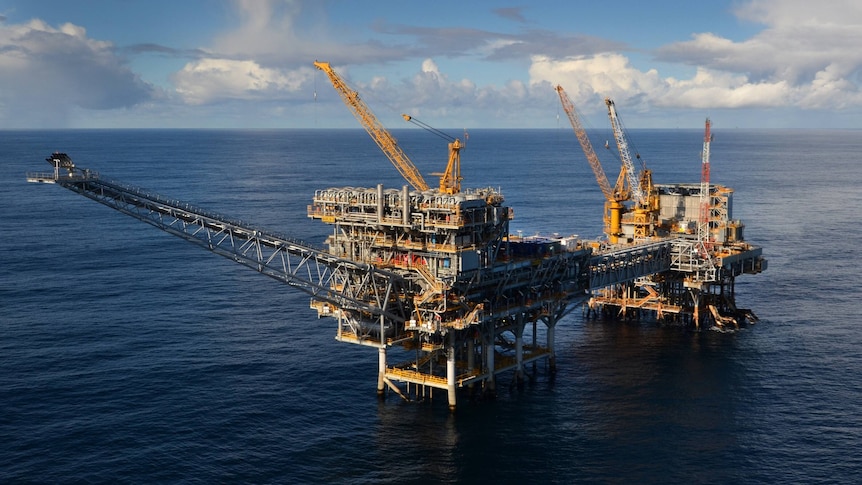 Aerial shot of massive oil and gas rig in the Bass Strait off Victoria