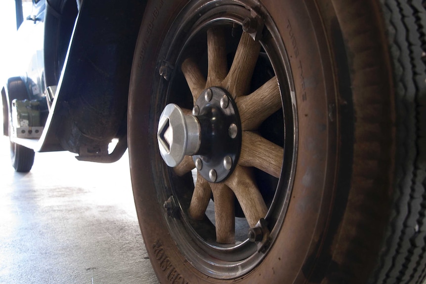One of the Hudson wooden-spoked wheels was rebuilt by mechanics in Adelaide.