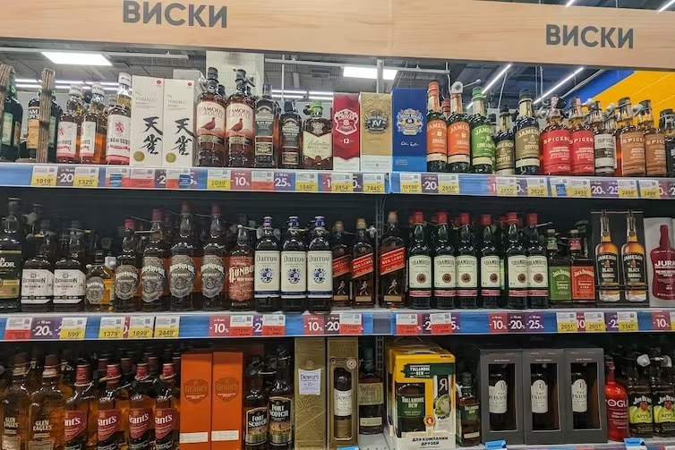 Full shelves at a bottle shop in St Petersburg. 