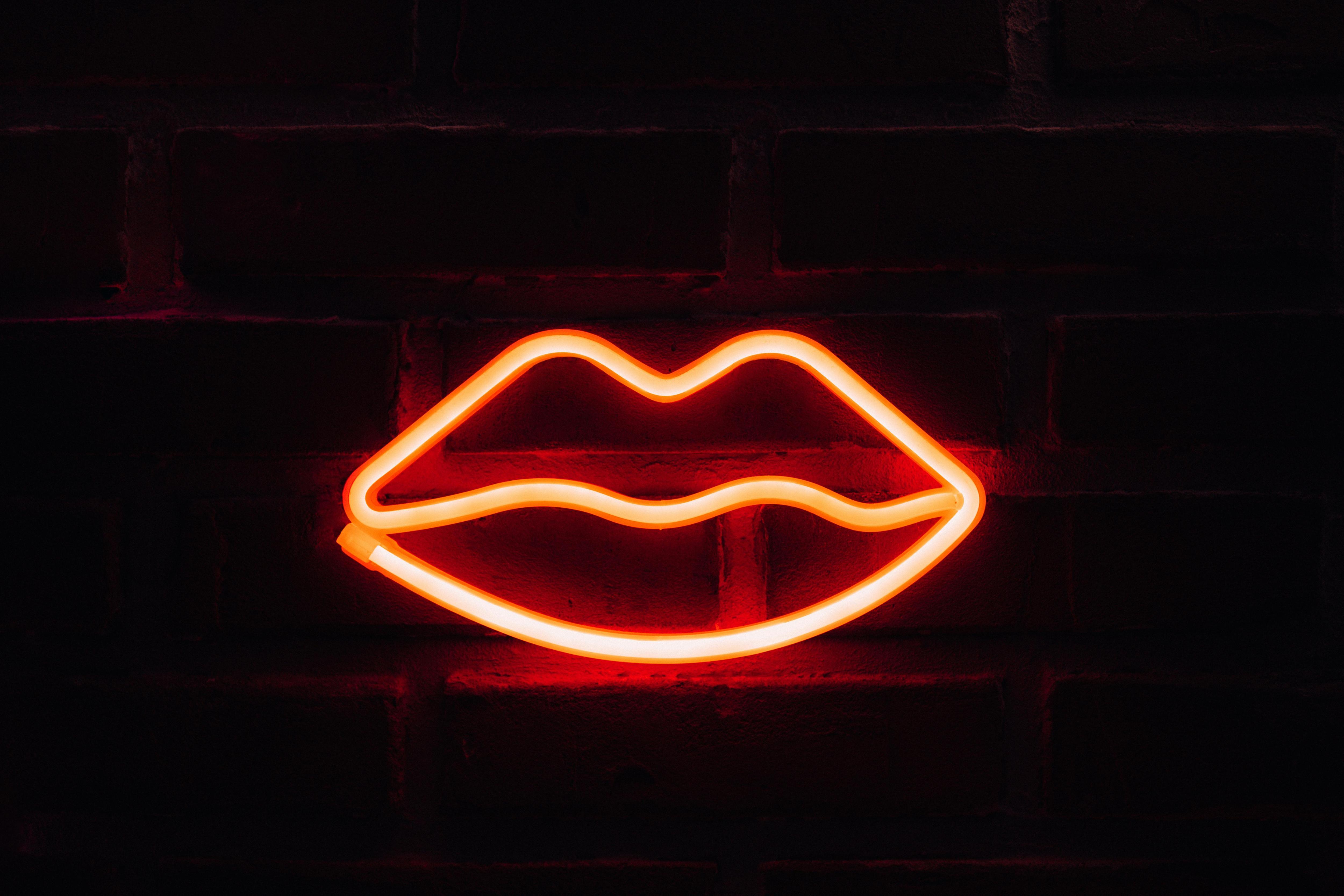 Neon lights in the shape of lips.