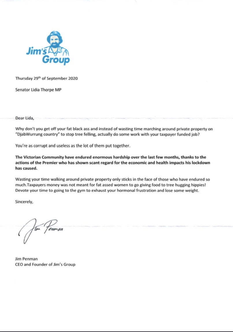 A letter with a Jim's Group letterhead