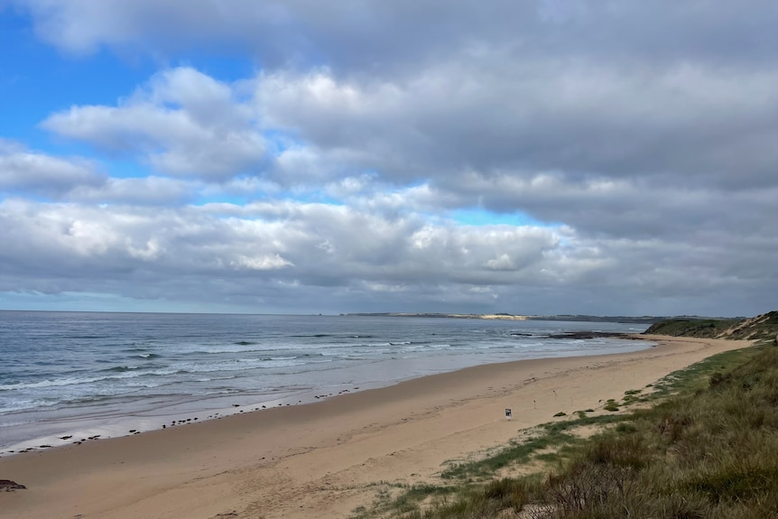 A stretch of beach, with slightly cloudy skies overhead.