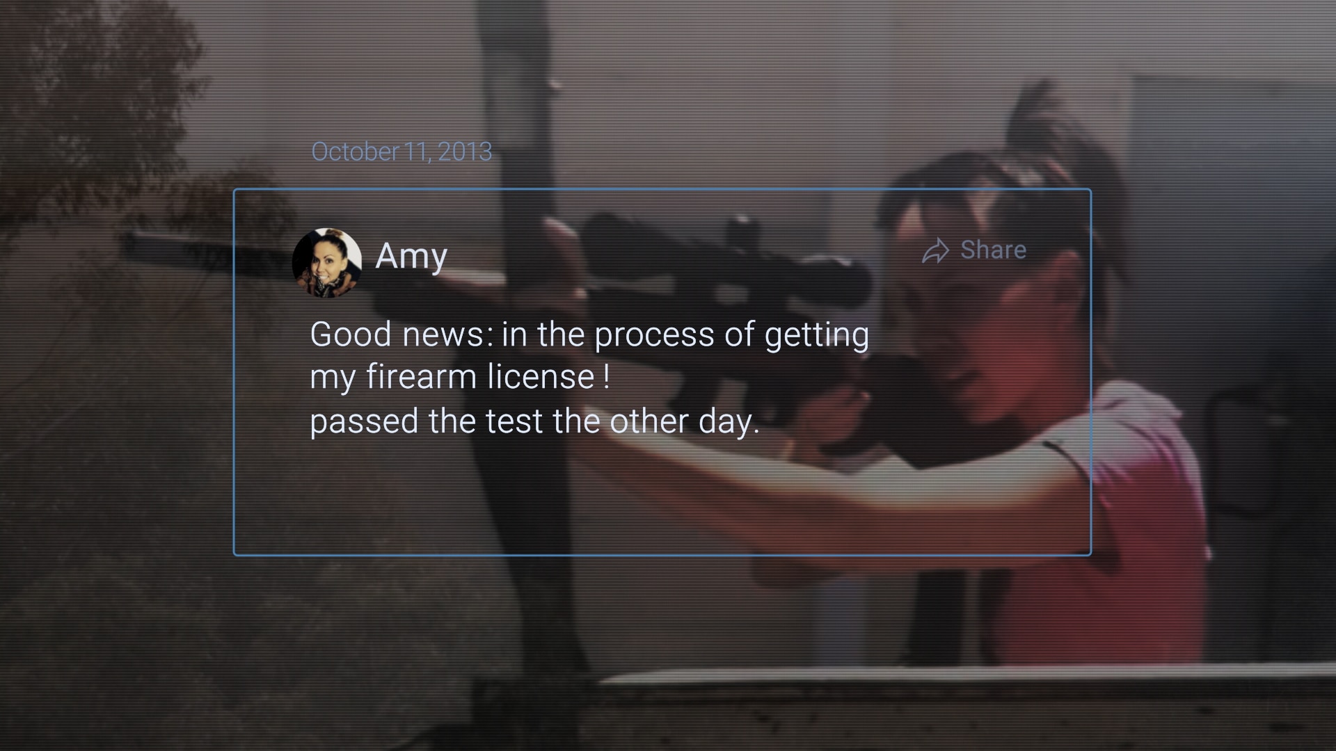 Text messagte recreated over an image of a woman in a pink top holding a shotgun