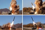Four images of missiles being fired with plumes of smoke in the background