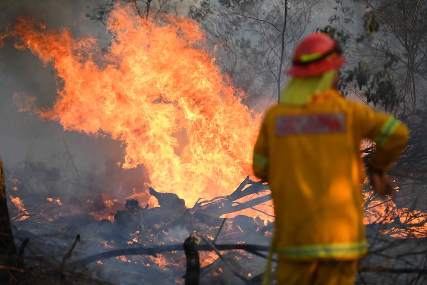 A firefighter in uniform stands in front of a fire in Torrington