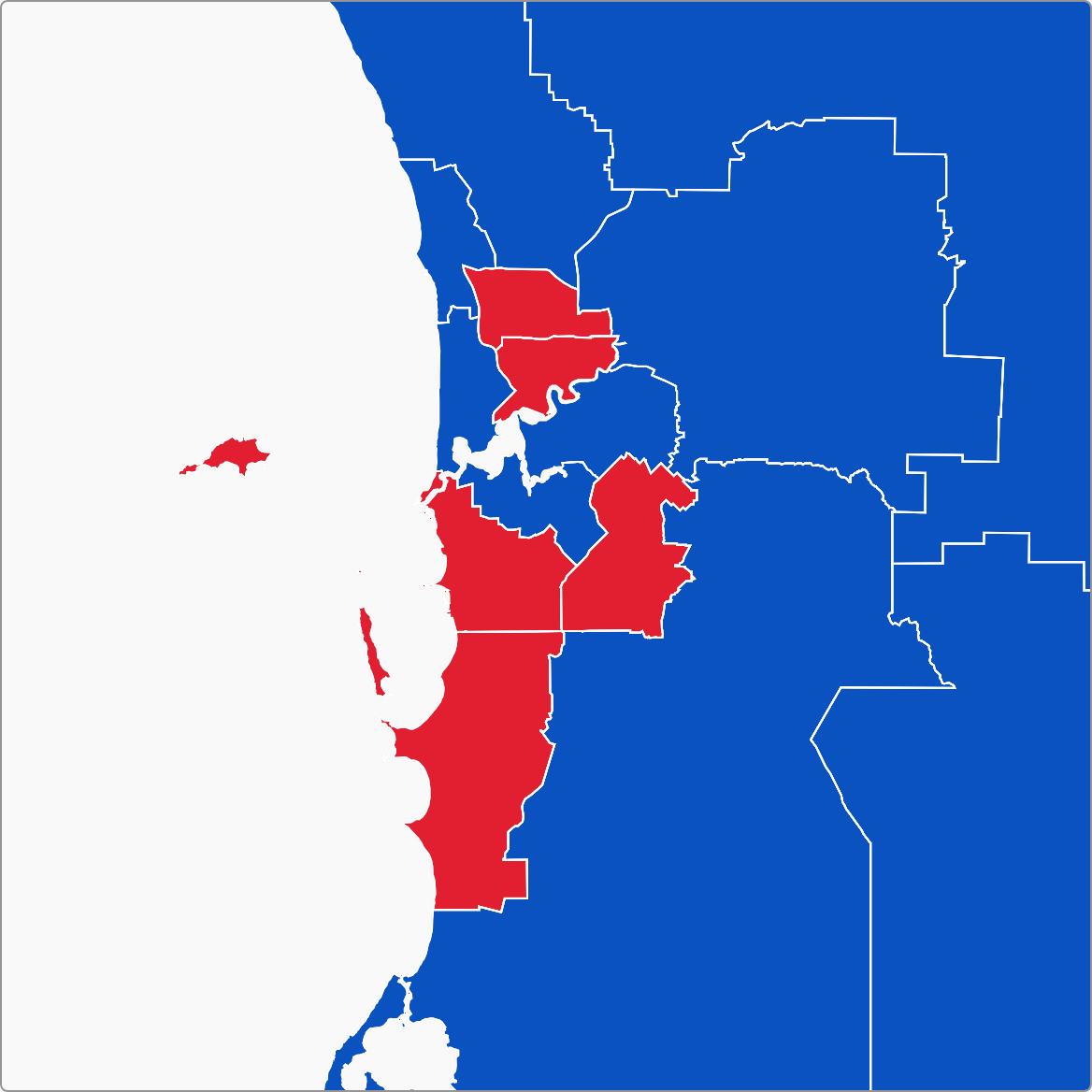 A map showing the federal seats in Perth in 2019.