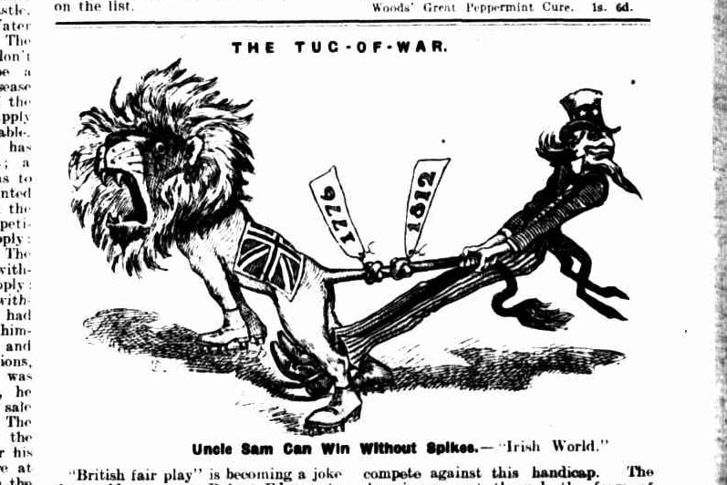 A cartoon in a newspaper showing the Uncle Sam character pulling the tail of a lion. The lion wears spiked boots.