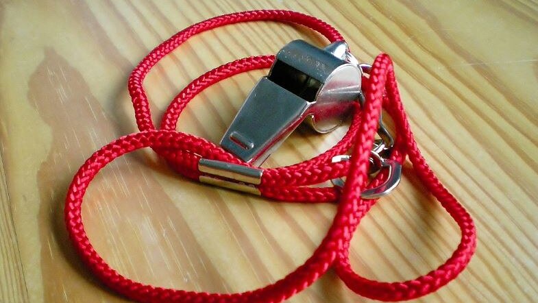 Photo of sports whistle on a disk with a red rope 
