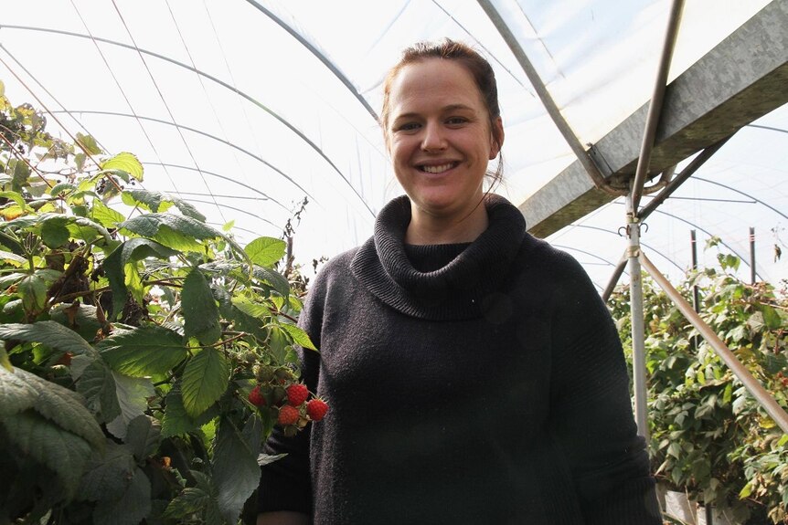 Natalie Bell next to a raspberry crop.